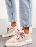  Sneakers Bej-roz cu Talpă Groasă cu Șireturi Decorative Zeldema