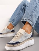  Sneakerși Bej și Albaștri cu Platformă Decorați cu Inserții din Tweed și Zirconii Eganna