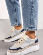  Sneakerși Bej și Albaștri cu Platformă Decorați cu Inserții din Tweed și Zirconii Eganna