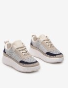 Sneakerși Bej și Albaștri cu Platformă Decorați cu Inserții din Tweed și Zirconii Eganna