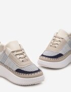  Sneakerși Bej și Albaștri cu Platformă Decorați cu Inserții din Tweed și Zirconii Eganna