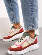 Sneakerși Bordo pe platformă decorați cu inserții din tweed și cu zirconii Eganna