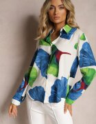 sophyline Cămașă Albă-Bleumarin Clasică cu Motiv Floral Mirtilla