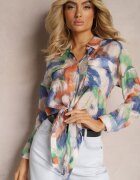 sophyline Cămașă Bej-Bleumarin cu Model Abstract și Legătură la Bază Priveta