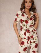 sophyline Cămașă Bej-Bordo cu Imprimeu Floral Legată în Talie Uvularia