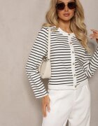 sophyline Cardigan Alb Clasic cu Nasturi Metalici cu Dungi Praivea