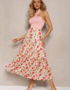 sophyline Fustă Albă-roșie Florală cu elastic în talie și volane Qeritellia