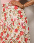 sophyline Fustă Albă-roșie Florală cu elastic în talie și volane Qeritellia