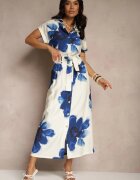 sophyline Fustă albastră din viscoză florală cu talie înaltă cu centură decorativă și nasturi Helseli