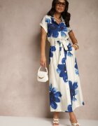 sophyline Fustă albastră din viscoză florală cu talie înaltă cu centură decorativă și nasturi Helseli