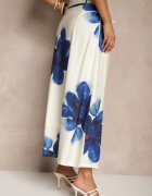 sophyline Fustă albastră din viscoză florală cu talie înaltă cu centură decorativă și nasturi Helseli