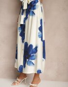 sophyline Fustă albastră din viscoză florală cu talie înaltă cu centură decorativă și nasturi Helseli