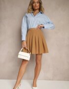 sophyline Fustă Bej din Vâscoză cu Croi Cloș cu Pliuri și Elastic în Talie în Stil Preppy Iliola