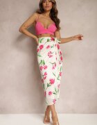 sophyline Fustă Plic Bej și Roz Legată în Talie cu Imprimeu Floral din Satin Ailepatia
