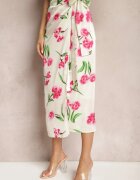 sophyline Fustă Plic Bej și Roz Legată în Talie cu Imprimeu Floral din Satin Ailepatia
