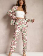sophyline Pantaloni Alb-Roz cu Imprimeu Floral Talie Înaltă cu Picior Lat Lastaria