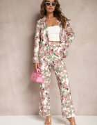 sophyline Pantaloni Alb-Roz cu Imprimeu Floral Talie Înaltă cu Picior Lat Lastaria