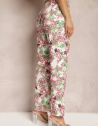 sophyline Pantaloni Alb-Roz cu Imprimeu Floral Talie Înaltă cu Picior Lat Lastaria