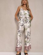 sophyline Pantaloni Bej din Vâscoză cu croială largă High Waist cu imprimeu floral Davilsa