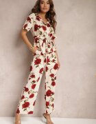 sophyline Pantaloni Largi Bej-Bordeaux cu Imprimeu Floral cu Buzunare Pomgranata