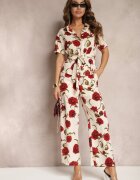 sophyline Pantaloni Largi Bej-Bordeaux cu Imprimeu Floral cu Buzunare Pomgranata