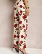 sophyline Pantaloni Largi Bej-Bordeaux cu Imprimeu Floral cu Buzunare Pomgranata