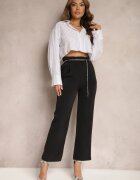 sophyline Pantaloni Negri Eleganti cu Picioare Evazate Finisați cu un Lanț Decorativ în Talie Hamophona