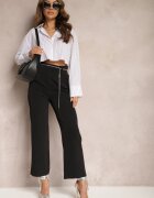 sophyline Pantaloni Negri Eleganti cu Picioare Evazate Finisați cu un Lanț Decorativ în Talie Hamophona