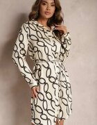 sophyline paris Rochie tip cămașă satinată bej deschis cu imprimeu geometric cu lănțișor în loc de curea Pastar