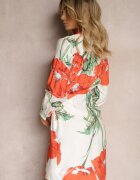 sophyline Rochie Florală Alb-Roșu cu croială petrecută cu decolteu triunghiular și cordon în talie Marneli