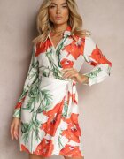 sophyline Rochie Florală Alb-Roșu cu croială petrecută cu decolteu triunghiular și cordon în talie Marneli