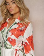 sophyline Rochie Florală Alb-Roșu cu croială petrecută cu decolteu triunghiular și cordon în talie Marneli
