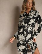 sophyline Rochie Negru-Alb Imprimată din Viscoză cu Croială Tip Cămașă cu Curea Ninnoria