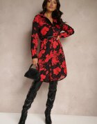 sophyline Rochie Negru-Roșu Cu model din Viscoză cu croială tip cămașă cu curea Ninnoria
