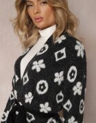 studio eleven Cardigan Negru cu centură înnodată decorat cu model floral Timonen