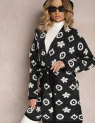 studio eleven Cardigan Negru cu centură înnodată decorat cu model floral Timonen