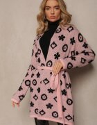 studio eleven Cardigan Roz cu Cordon Legat Decorat cu Model Floral Timonen