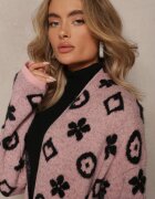 studio eleven Cardigan Roz cu Cordon Legat Decorat cu Model Floral Timonen