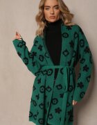 studio eleven Kardigan verde cu cordon legat decorat cu model floral Timonen