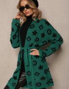 studio eleven Kardigan verde cu cordon legat decorat cu model floral Timonen
