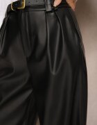 studio eleven Pantaloni Negri Largi din imitație de piele High Waist cu curea cu cataramă Labora