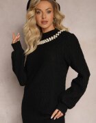 studio eleven Pulover Maletă Tricotat Negru cu Romburi Mâneci Bufante și Colier cu Perle Ravalia
