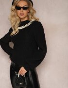 studio eleven Pulover Maletă Tricotat Negru cu Romburi Mâneci Bufante și Colier cu Perle Ravalia