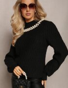 studio eleven Pulover Maletă Tricotat Negru cu Romburi Mâneci Bufante și Colier cu Perle Ravalia