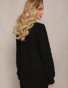 studio eleven Pulover Maletă Tricotat Negru cu Romburi Mâneci Bufante și Colier cu Perle Ravalia