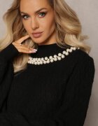 studio eleven Pulover Maletă Tricotat Negru cu Romburi Mâneci Bufante și Colier cu Perle Ravalia