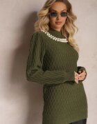 studio eleven Pulover Maletă Verde închis cu romburi cu mâneci bufante și colier cu perle Ravalia