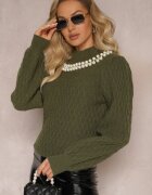 studio eleven Pulover Maletă Verde închis cu romburi cu mâneci bufante și colier cu perle Ravalia