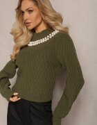 studio eleven Pulover Maletă Verde închis cu romburi cu mâneci bufante și colier cu perle Ravalia