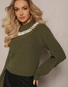 studio eleven Pulover Maletă Verde închis cu romburi cu mâneci bufante și colier cu perle Ravalia